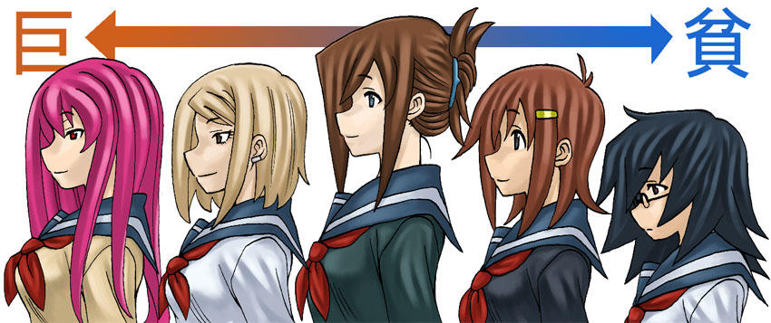 yokota takuma, kitahara aya, naito kyoko, naitou kyouko, nishimoto erika, sugawa maiko, takigawa magister, takigawa magisuteru, onanie master kurosawa, translated, 5girls, black eyes, black hair, blonde hair, blue eyes, brown hair, bust chart, chart, earrings, from side, glasses, hair ornament, hair up, hairclip, height difference, jewelry, lineup, long hair, multiple girls, pink hair, profile, red eyes, school uniform, serafuku, short hair, smile