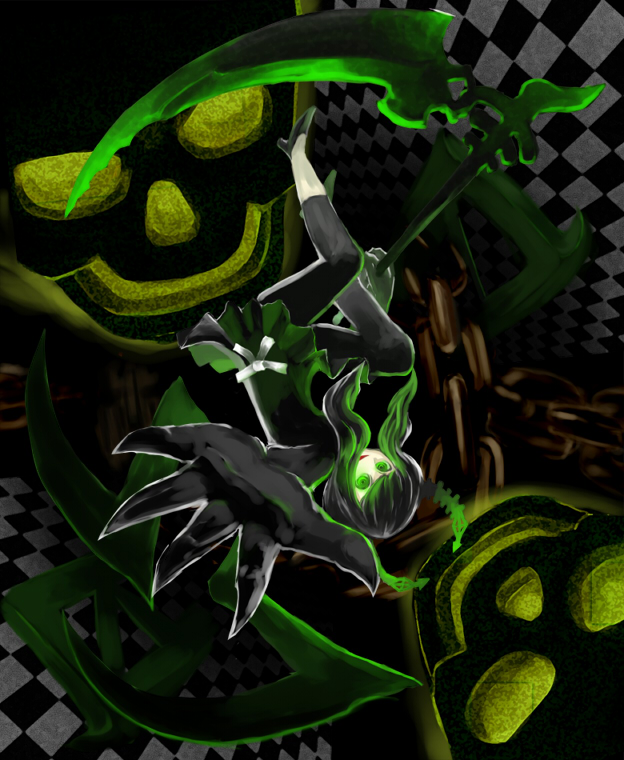 metaborikkumen, dead master, black rock shooter, bad id, bad pixiv id, 10s, 1girl, black dress, black hair, black leggings, chain, dark, demon wings, dress, female focus, glowing, glowing eyes, green eyes, horns, leggings, long hair, ribbon, scythe, skull, solo, wings