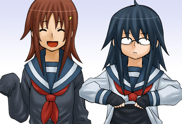 yokota takuma, kitahara aya, nishimoto erika, onanie master kurosawa, 2girls, black hair, brown hair, closed eyes, dressing, glasses, hair ornament, hairclip, long hair, long sleeves, multiple girls, school uniform, serafuku, sleeves past wrists, smile