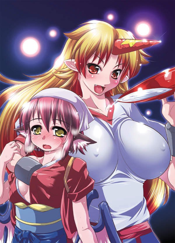 nikusho, omorashi myschi, hoshiguma yuugi, mystia lorelei, okamisty, touhou, 2girls, alcohol, animal ears, blonde hair, blush, breasts, breasts apart, covered erect nipples, cup, female focus, grabbing another's breast, groping, horns, huge breasts, impossible clothes, impossible shirt, japanese clothes, kimono, multiple girls, pink hair, pointy ears, red eyes, sakazuki, sake, shirt, single horn, wings, yellow eyes, yuri