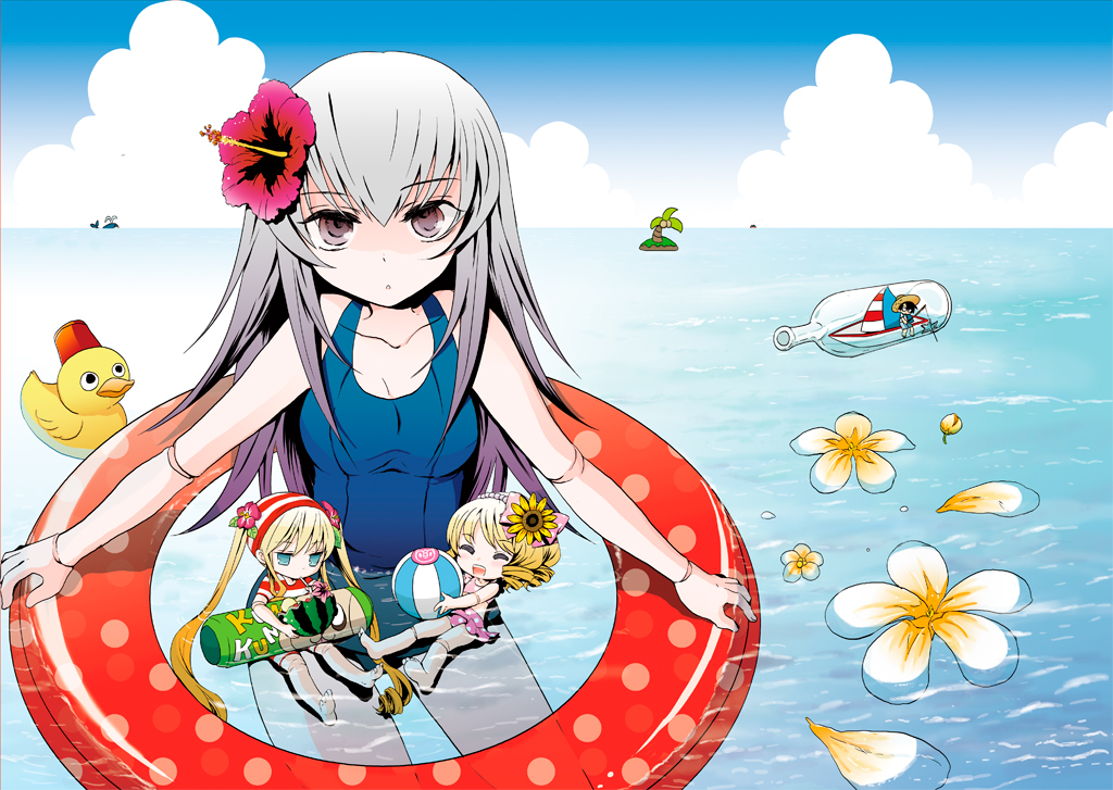 satou memeko, hinaichigo, sakurada jun, shinku, suigintou, rozen maiden, silver hair, bad id, bad pixiv id, 00s, 3girls, barefoot, bathing cap, blonde hair, bottle, chibi, doll joints, flower, hair flower, hair ornament, hibiscus, innertube, joints, long hair, mini person, minigirl, multiple girls, ocean, one-piece swimsuit, petals, purple eyes, rubber duck, school swimsuit, swim cap, swim ring, swimsuit, twintails, water