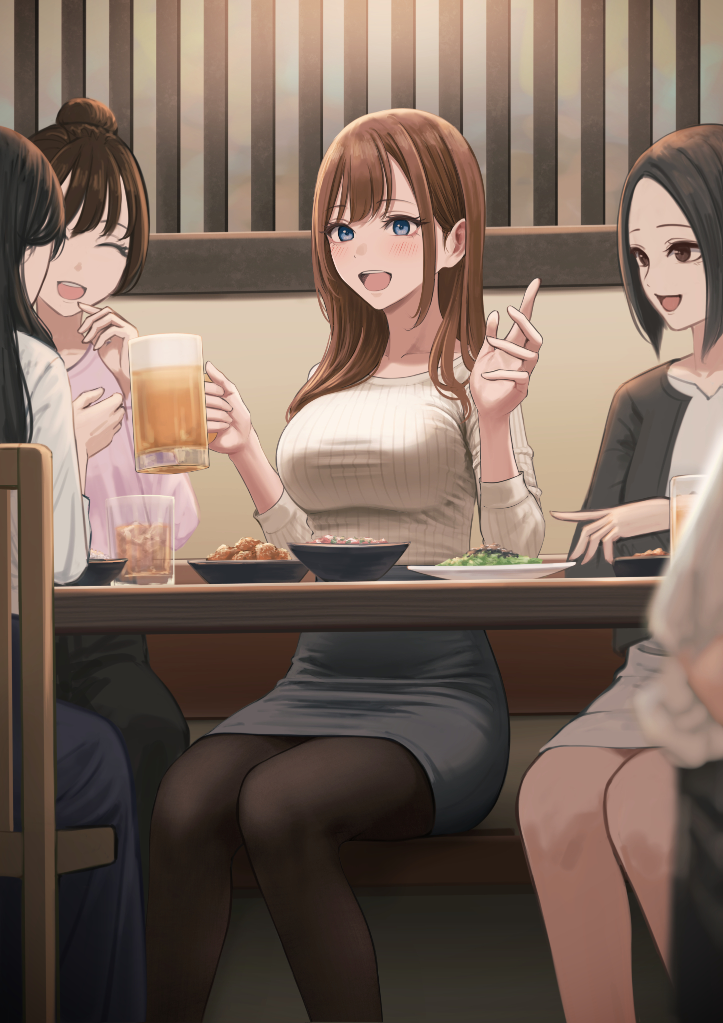 yukimaru ai, original, commentary request, highres, 5girls, akiyama akane, alcohol, beer, beer mug, black eyes, black hair, black pantyhose, black skirt, blue eyes, bowl, breasts, brown hair, chair, closed eyes, cup, drinking glass, elbow rest, facing viewer, feet out of frame, food, holding, holding cup, izakaya, large breasts, long hair, looking at another, mug, multiple girls, open mouth, pantyhose, pencil skirt, pink shirt, plate, restaurant, shirt, sitting, skirt, upper body, white shirt
