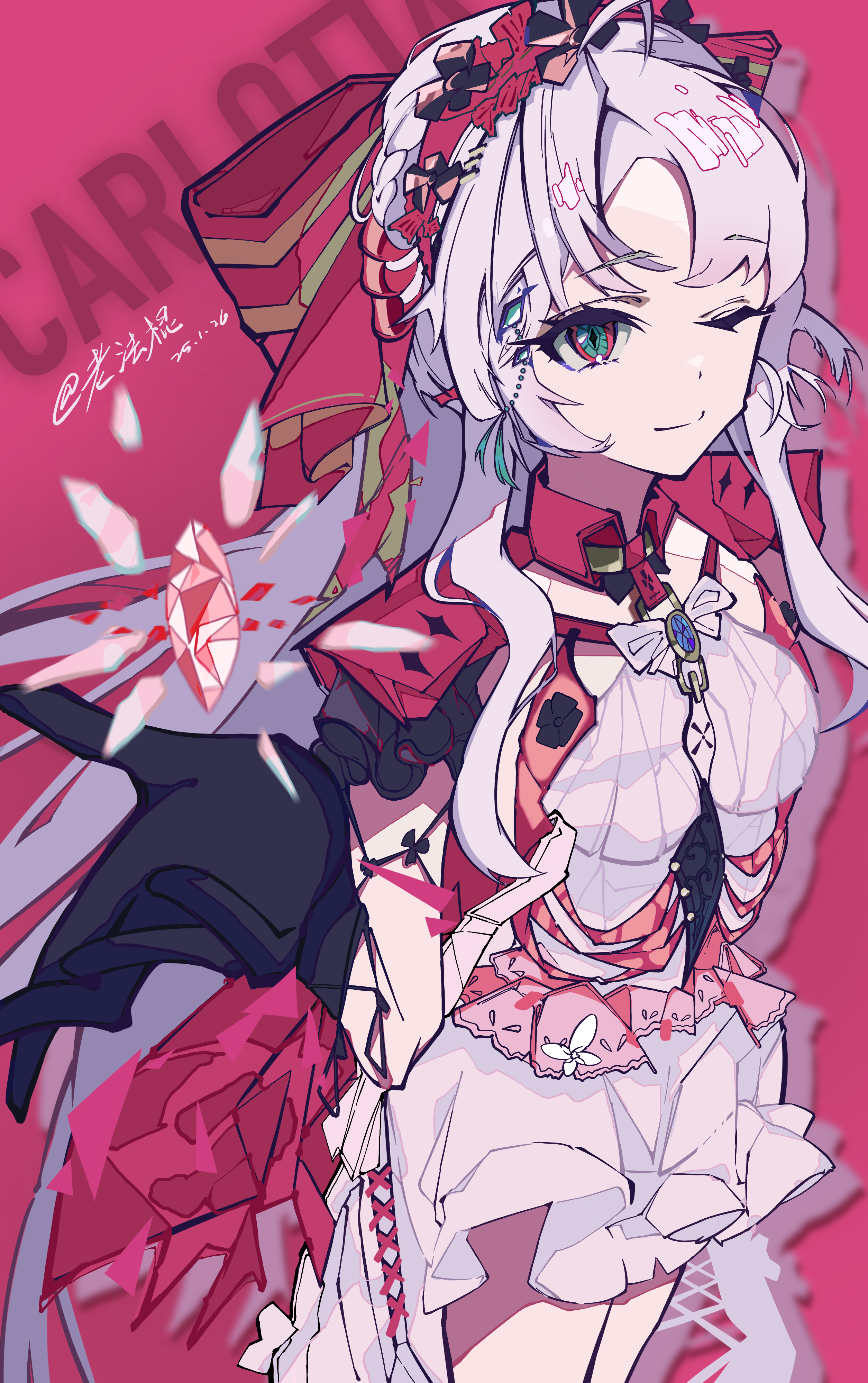 carlotta (wuthering waves), wuthering waves, absurdres, commentary, highres, 1girl, aqua eyes, artist name, black gloves, bow, breasts, character name, closed mouth, cowboy shot, crystal, dated, dress, gloves, hair bow, hairband, hand up, jacket, laofagun, looking at viewer, pink background, pink bow, pink hairband, pink jacket, small breasts, smile, solo, striped bow, thighs, white dress