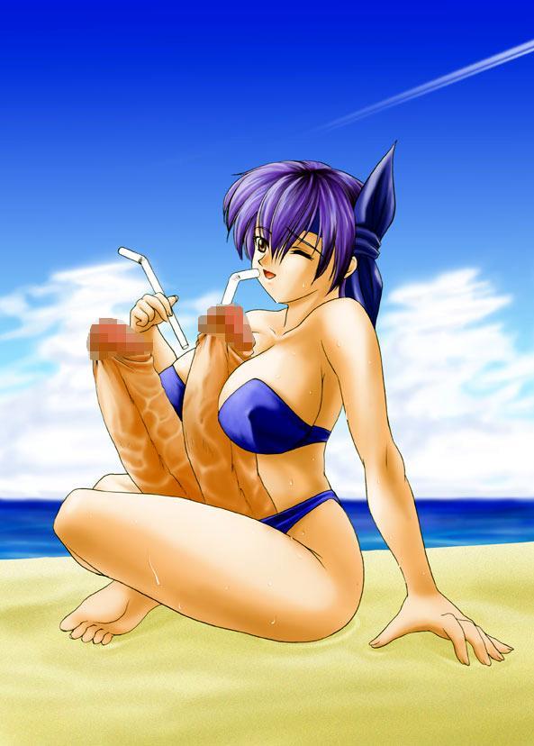 ayane (doa), dead or alive, tecmo, 1futa, beach, bikini, breasts, censored, drinking straw, extra penises, futanari, mosaic censoring, object insertion, penis, purple hair, short hair, solo, swimsuit, urethral insertion