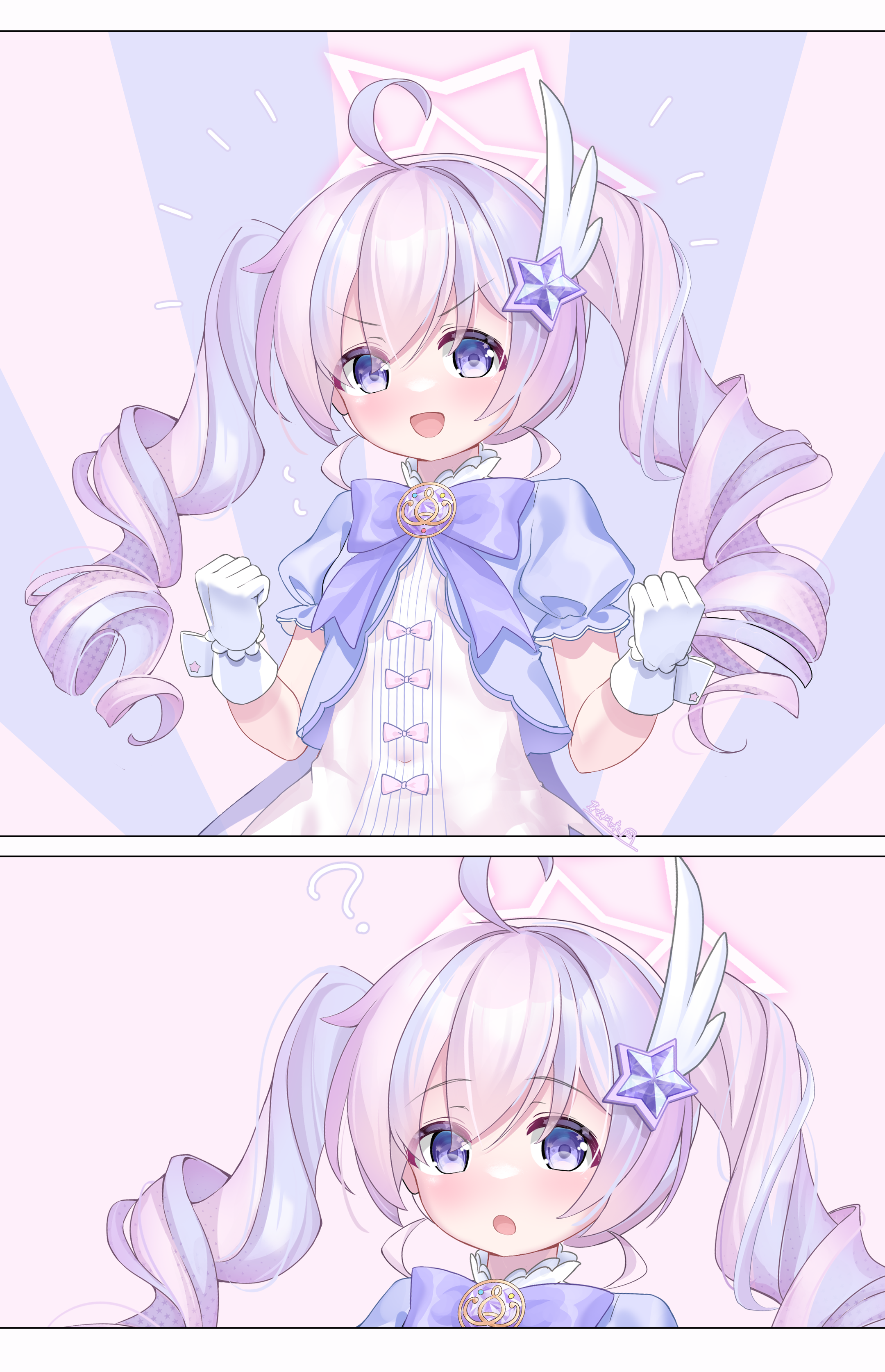 ya chuifeng lai, reisa (blue archive), reisa (magical) (blue archive), blue archive, absurdres, highres, 1girl, :o, ?, ??, ahoge, artist name, blush, bow, clenched hands, curious, drill hair, feather hair ornament, feathers, gloves, groin, hair between eyes, hair ornament, halo, long hair, looking at viewer, magical girl, multicolored hair, multiple views, open mouth, puffy sleeves, purple bow, purple eyes, purple hair, sash, short sleeves, simple background, smile, solo, star (symbol), star hair ornament, star halo, streaked hair, twintails, two-tone hair, upper body, white gloves, white hair, wrist cuffs
