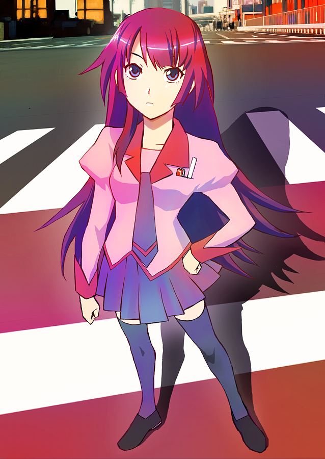 yusao, senjougahara hitagi, bakemonogatari, monogatari (series), 00s, 1girl, blue eyes, dutch angle, female focus, hand on own hip, hip focus, legs, long hair, necktie, purple hair, road, school uniform, shoes, solo, stapler, stationery, street, thighhighs, vanishing point, zettai ryouiki