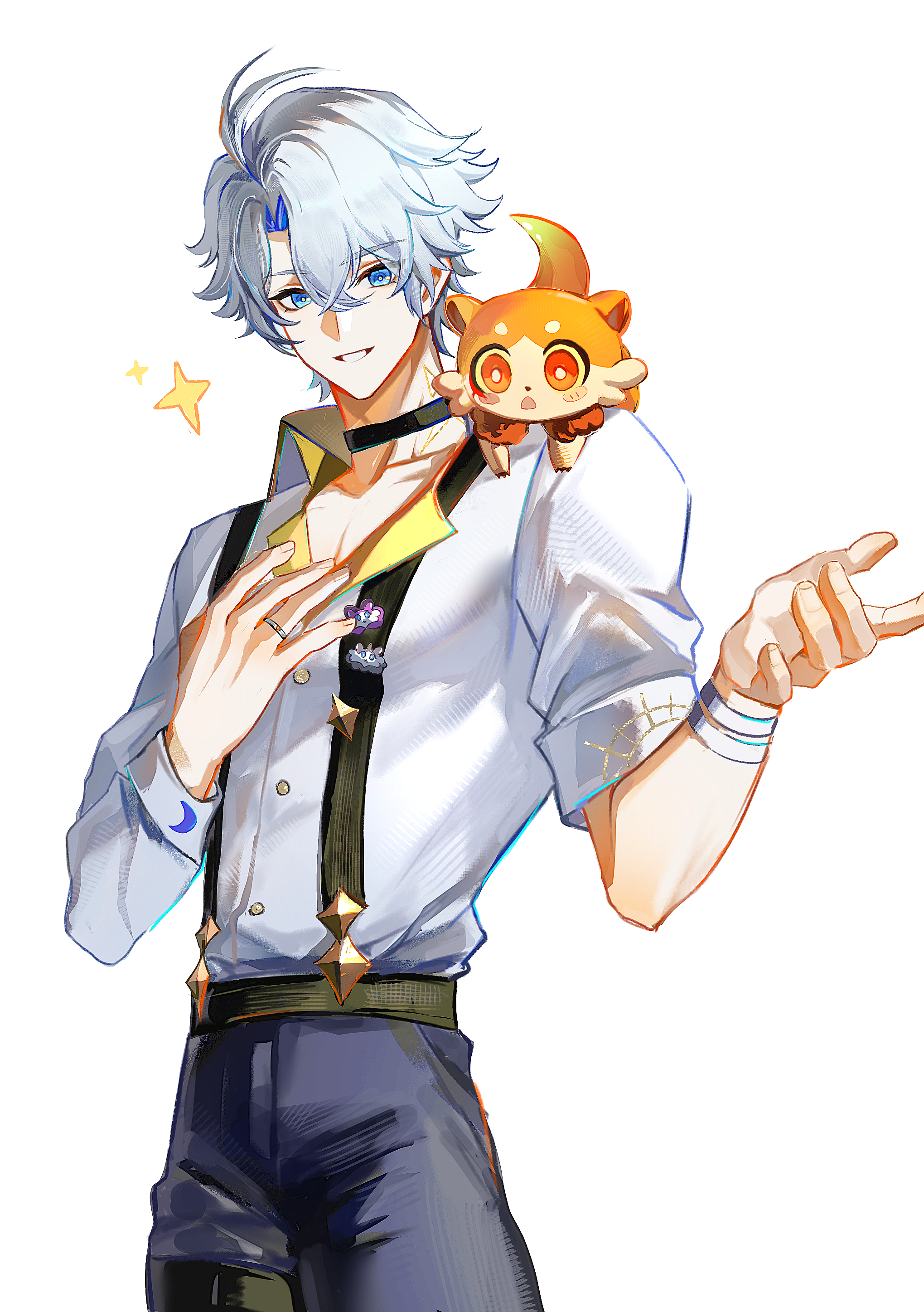 qiaose33912, chimera (honkai: star rail), mydei (fig stew) (honkai: star rail), mydei (honkai: star rail), phainon (honkai: star rail), honkai: star rail, honkai (series), absurdres, chinese commentary, commentary request, highres, 1boy, black pants, collared shirt, male focus, neck tattoo, pants, shirt, simple background, solo, sun symbol, sun tattoo, suspenders, tan, tattoo, white background, white shirt