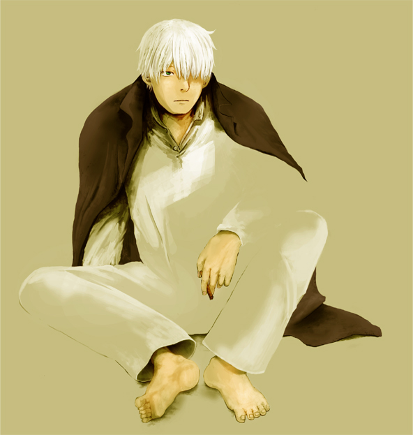 aoyagi, ginko (mushishi), mushishi, 1boy, barefoot, cigarette, feet, green eyes, hair over one eye, male focus, solo, white hair