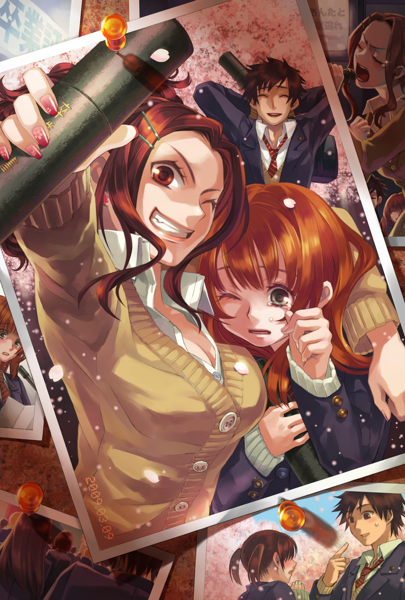 minami seira, ya minami, original, highres, photo (medium), 1boy, 3girls, blush, breast envy, breasts, brown eyes, brown hair, bulletin board, cherry blossoms, cleavage, fingernails, graduation, green eyes, grin, gyaru, hair ornament, hairpin, huge breasts, karaoke, kogal, large breasts, long hair, microphone, multiple girls, music, nail art, nail polish, necktie, one eye closed, petals, photo (object), pink nails, pointing, ponytail, school uniform, short hair, singing, smile, sweatdrop, sweater, tears, thumbtack, twintails, wink