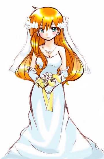 misty (pokemon), nintendo, pokemon, 1girl, blue eyes, blush, bouquet, breasts, bride, cleavage, dress, earrings, elbow gloves, female focus, flower, gloves, gym leader, jewelry, long hair, medium breasts, necklace, orange hair, simple background, smile, solo, wedding dress