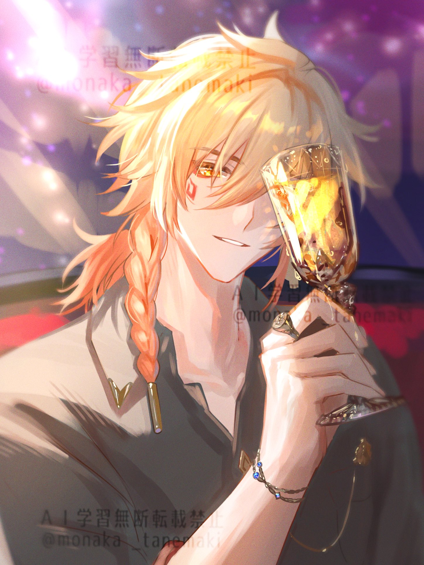 tanemaki monaka, mydei (honkai: star rail), honkai: star rail, honkai (series), highres, 1boy, blonde hair, braid, cup, facial tattoo, gradient hair, holding, holding cup, male focus, medium hair, multicolored hair, official alternate costume, red hair, red tattoo, side braid, solo, tattoo, watermark, yellow eyes