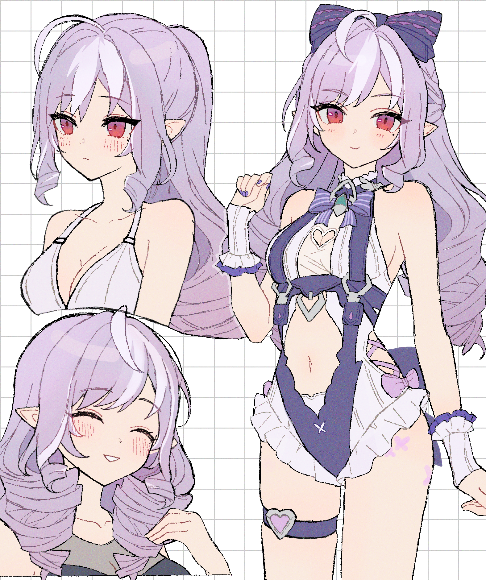 anaketsu, vivian banshee, vivian banshee (iris of the shore), zenless zone zero, commentary request, highres, 1girl, ^ ^, ahoge, blush, bow, breasts, cleavage, closed eyes, clothing cutout, frilled one-piece swimsuit, frills, grid background, grin, hair bow, heart cutout, long hair, looking at viewer, medium breasts, mole, mole under eye, multicolored hair, multiple views, nail polish, navel, one-piece swimsuit, pointy ears, purple hair, purple nails, red eyes, simple background, smile, stomach cutout, swimsuit, thigh strap, two-tone hair, white hair