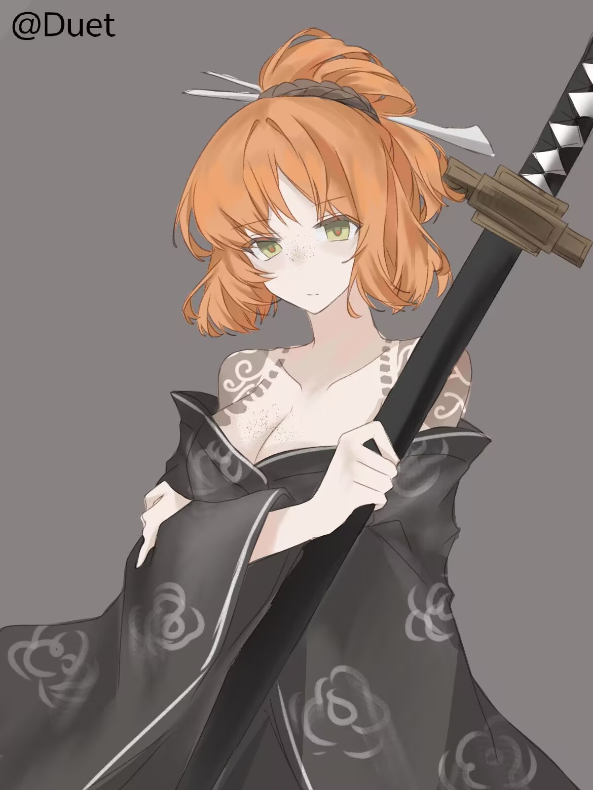 ishmael (project moon), limbus company, project moon, highres, 1girl, bare shoulders, body freckles, breast freckles, breasts, cleavage, collarbone, crossed arms, expressionless, freckles, grey background, hair bun, hair ornament, hair stick, holding, holding sword, holding weapon, katana, kurokumo clan (identity) (project moon), large breasts, looking at viewer, maozhizhu-wuxiuzhiyinfu-duet, medium hair, off shoulder, orange hair, simple background, solo, sword, weapon