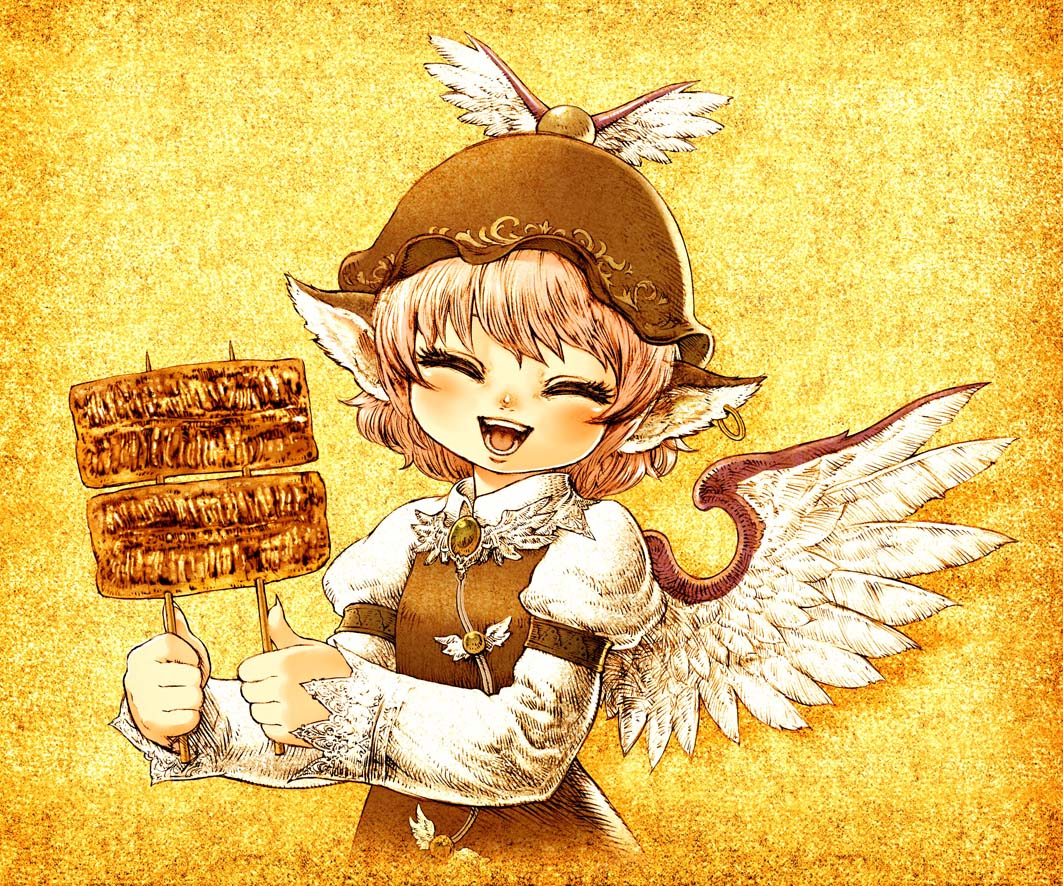 souri, mystia lorelei, touhou, bad id, bad pixiv id, 1girl, ^ ^, animal ears, closed eyes, female focus, happy, hat, pink hair, short hair, solo, wings