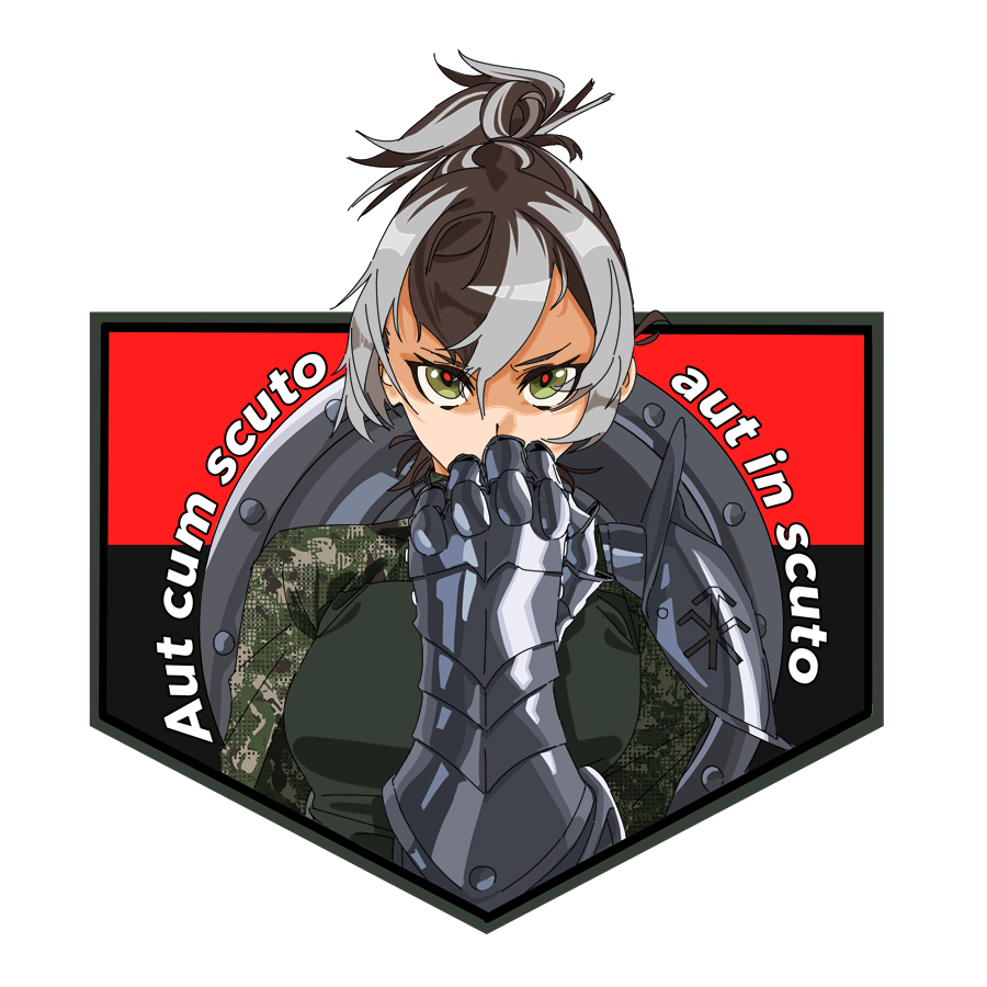 kaiba47, original, translated, 1girl, angry, arm armor, armor, brown hair, covering own mouth, green eyes, grey hair, high ponytail, jacket, khartiia brigade, khrystyna karpenko, latin text, looking at viewer, messy hair, military, military jacket, military uniform, multicolored hair, patch, ponytail, red pupils, russo-ukrainian war, shield, short hair, shoulder armor, single arm armor, soldier, streaked hair, ukrainian ground forces, ukrainian insurgent army flag