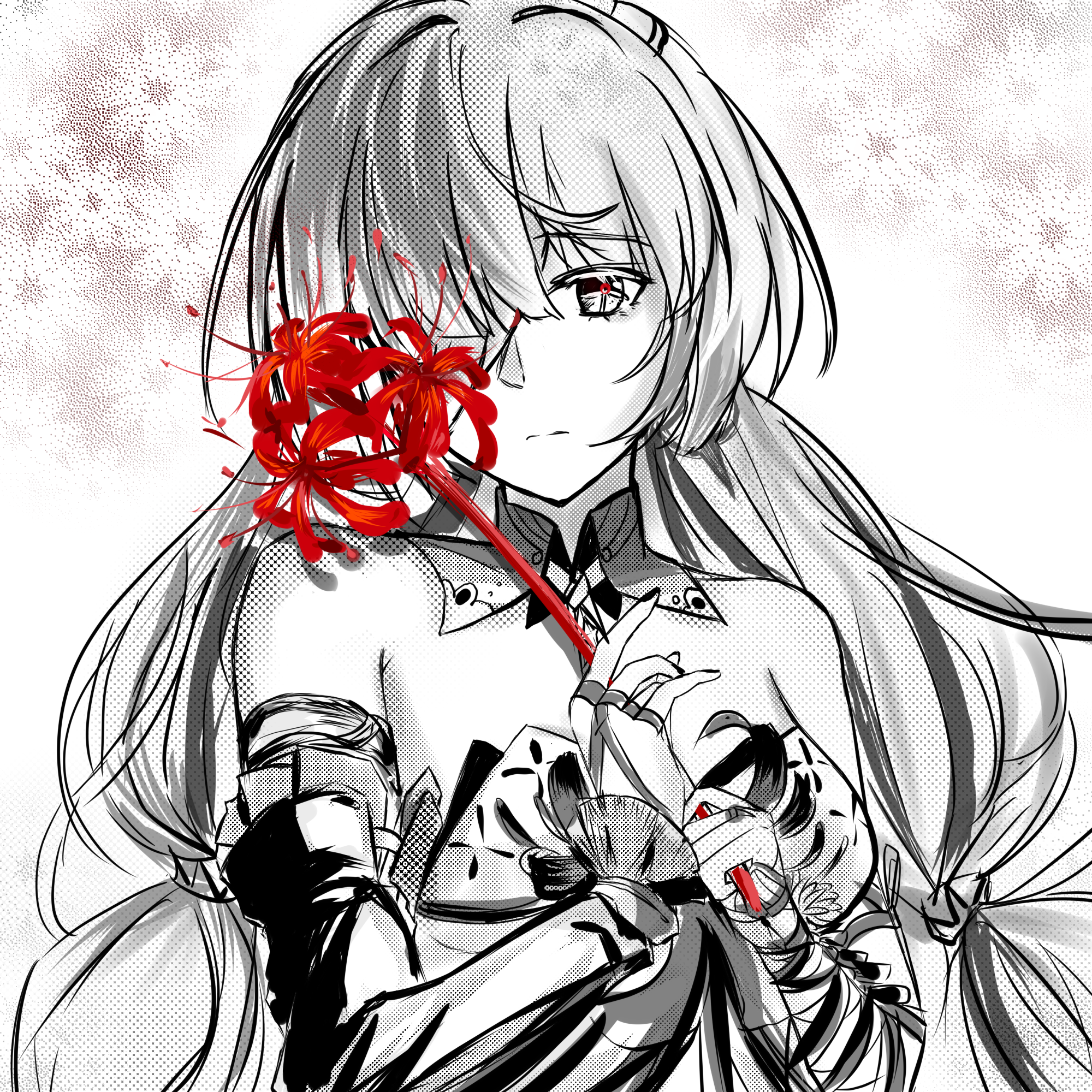 phrolova (wuthering waves), wuthering waves, commentary, highres, bandage over one eye, bandaged arm, bandages, bare shoulders, breasts, closed mouth, detached sleeves, flower, greyscale, holding, holding flower, izumi (emerald15517), long hair, looking at viewer, medium breasts, monochrome, red pupils, single detached sleeve, spider lily, spot color, upper body