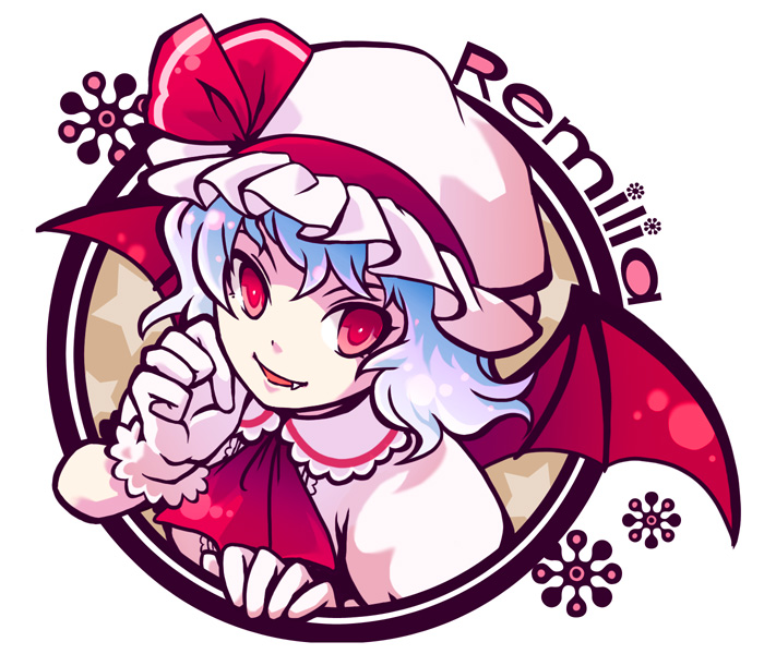kazukura, remilia scarlet, touhou, bad id, bad pixiv id, 1girl, bat wings, blue hair, character name, fang, female focus, gloves, hat, red eyes, short hair, solo, white gloves, wings