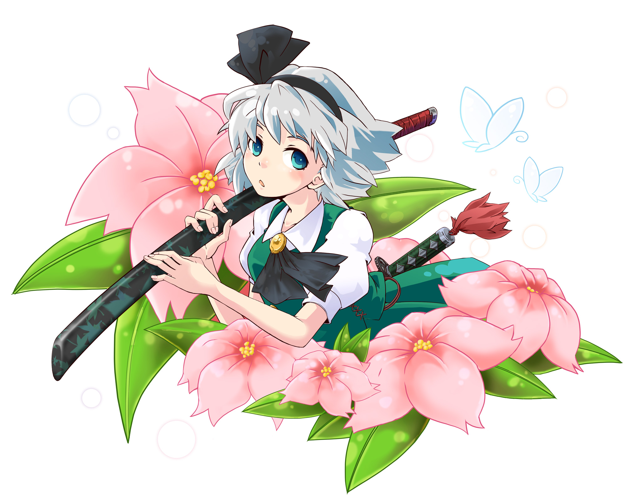 kazukura, konpaku youmu, touhou, silver hair, bad id, bad pixiv id, highres, 1girl, blue eyes, bug, butterfly, female focus, flower, hairband, katana, sheath, sheathed, short hair, solo, sword, weapon