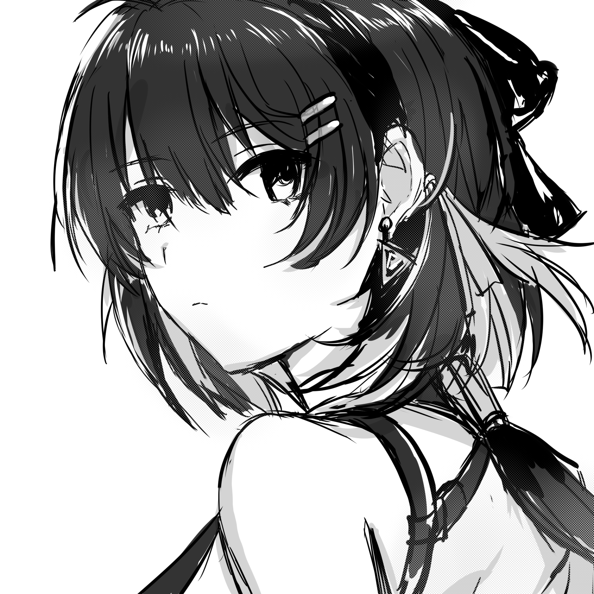 female rover (wuthering waves), rover (wuthering waves), wuthering waves, highres, 1girl, bare shoulders, breasts, closed mouth, earrings, greyscale, hair ornament, hair ribbon, hairclip, izumi (emerald15517), jewelry, long hair, looking at viewer, looking back, low ponytail, medium breasts, monochrome, parallel hairclips, ponytail, portrait, ribbon, solo, triangle earrings