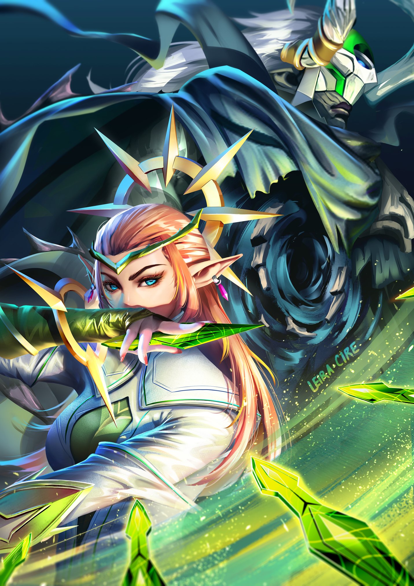 leira cire, cloak (growth & decay) (marvel), cloak (marvel), dagger (growth & decay) (marvel), dagger (marvel), marvel, marvel rivals, commentary, english commentary, highres, 1boy, 1girl, blue eyes, bodysuit, circlet, dagger, dark-skinned male, dark skin, earrings, gloves, gold circlet, gradient background, green bodysuit, green gloves, grey background, grey cloak, hair slicked back, holding, holding dagger, holding knife, holding weapon, horned mask, jewelry, knife, long hair, looking to the side, mask, multicolored bodysuit, official alternate costume, pink hair, pink nails, pointy ears, upper body, weapon, white bodysuit, white hair