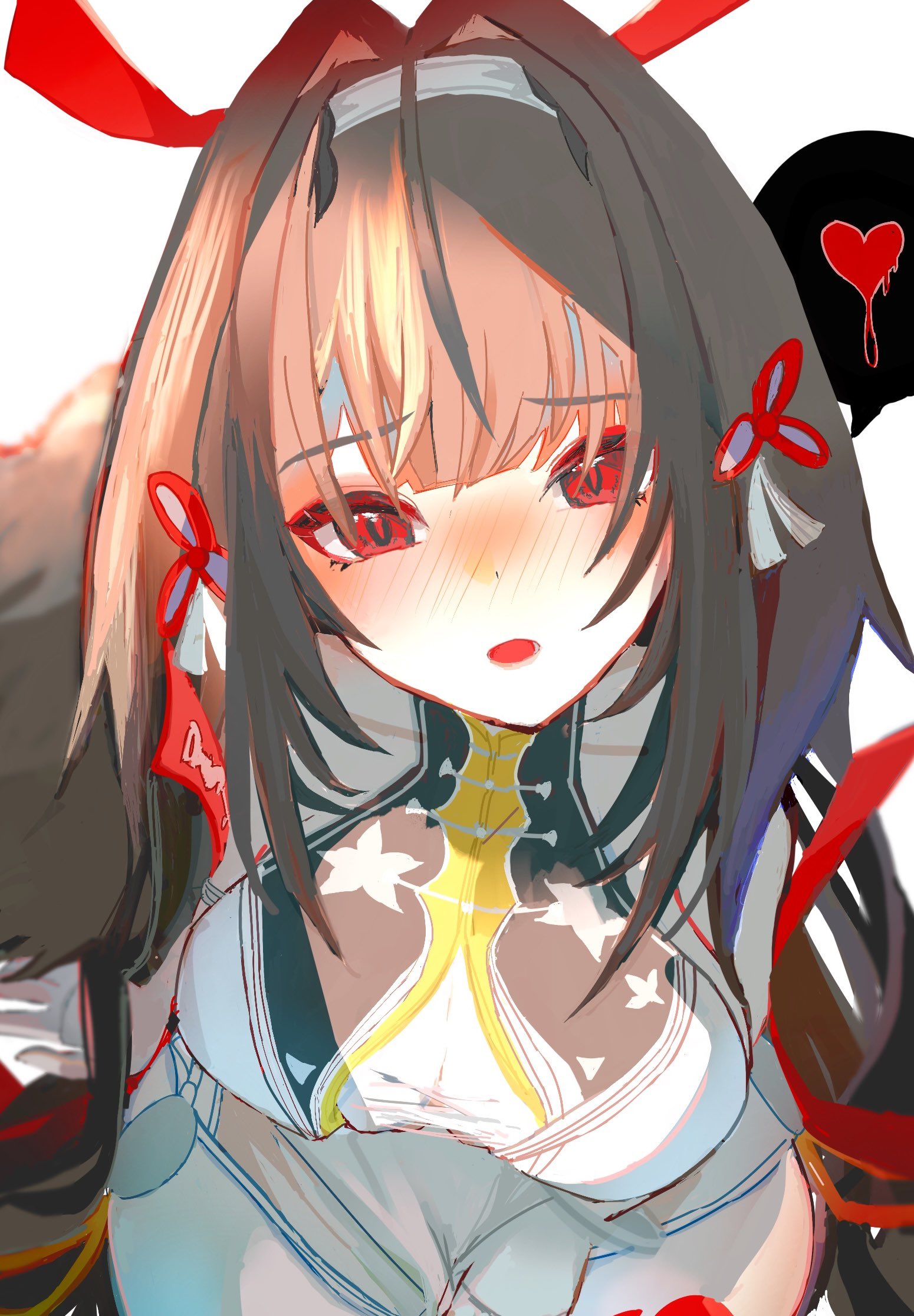 ye shunguang, zenless zone zero, commentary request, highres, 1girl, 832cy, armlet, bare shoulders, blurry, blurry background, blush, breasts, brown hair, brown tail, china dress, chinese clothes, clover, clover hair ornament, collarbone, dress, droopy ears, from above, hair ornament, hairband, heart, jewelry, long hair, looking at viewer, medium breasts, red eyes, see-through clothes, silver armlet, simple background, solo, spoken heart, tail, very long hair, white background, white dress, white hairband