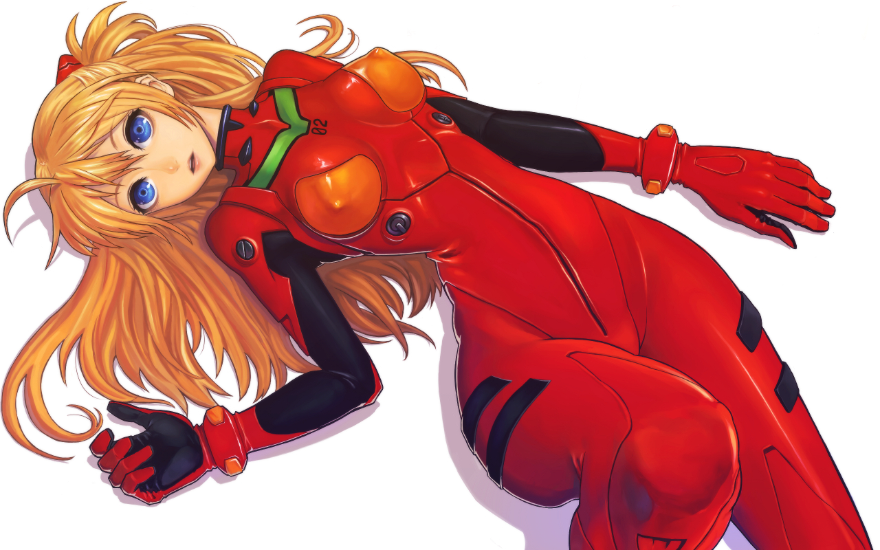 chikokuma, souryuu asuka langley, neon genesis evangelion, bad id, bad pixiv id, 1girl, ahoge, blue eyes, bodysuit, bracer, breasts, covered erect nipples, curvy, female focus, from above, gloves, hair between eyes, hair ornament, hair spread out, hip focus, knee up, lips, long hair, looking at viewer, lying, mecha pilot suit, medium breasts, narrow waist, on back, parted lips, plugsuit (evangelion), red bodysuit, shadow, shiny clothes, simple background, skin tight, solo, turtleneck, very long hair, white background, wide hips