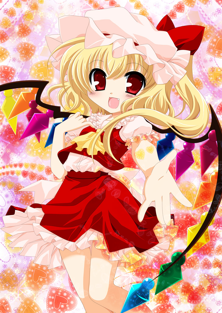 ikeda jun (aquaqua), jun (aquaqua), flandre scarlet, embodiment of scarlet devil, touhou, 1girl, blonde hair, fang, female focus, hat, ponytail, red eyes, short hair, side ponytail, solo, wings
