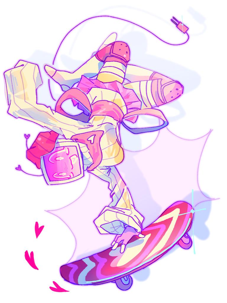 forsaken (roblox), roblox, 1girl, :3, cable, cable tail, crt, fingerless gloves, gloves, handstand, hong tanght, knee pads, mechanical tail, object head, one arm handstand, open mouth, pink gloves, pink skirt, pleated skirt, ribbed sweater, simple background, skateboard, skirt, smile, solo, sweater, tail, veeronica (forsaken), white background, white sweater