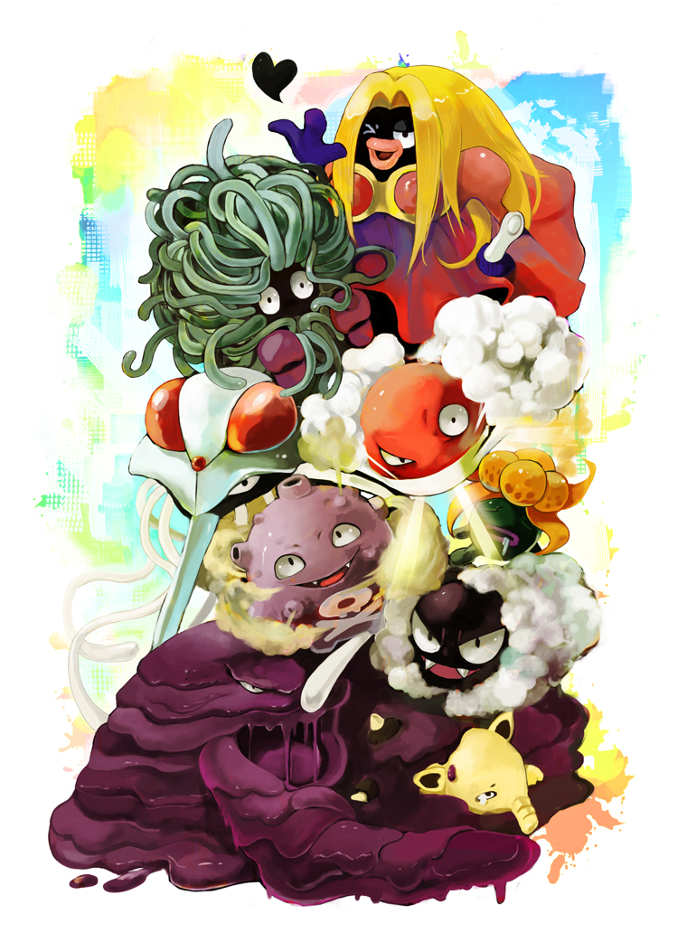 drowzee, gastly, gloom (pokemon), jynx, koffing, muk, tangela, tentacruel, voltorb, nintendo, pokemon, pokemon rgby, bad id, bad pixiv id, 1990s (style), blonde hair, fangs, gas, gen 1 pokemon, heart, lips, no humans, one eye closed, open mouth, pokemon (creature), retro artstyle, smile, smoke, steam, tears, wink
