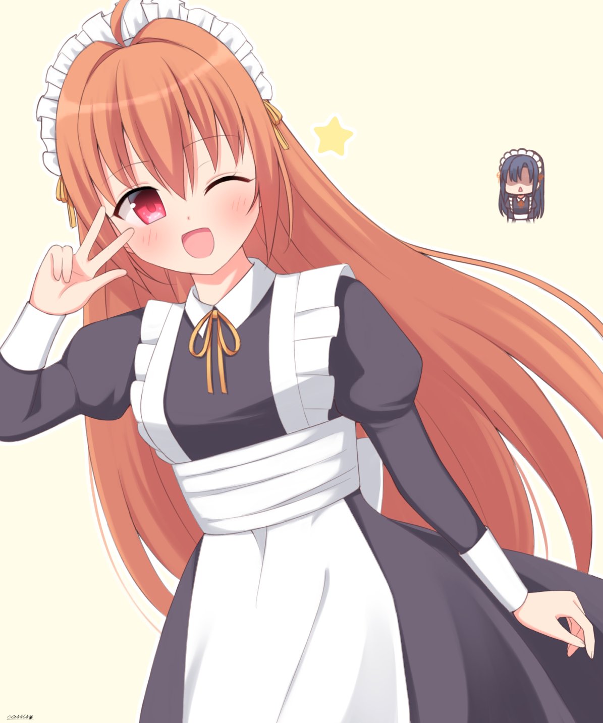 cassis (orleans13x), estelle bright, joshua bright, eiyuu densetsu, falcom, sora no kiseki, commentary request, highres, 1boy, 1girl, apron, brown hair, long hair, maid, maid apron, maid headdress, puffy sleeves, simple background, smile, unconventional maid, v