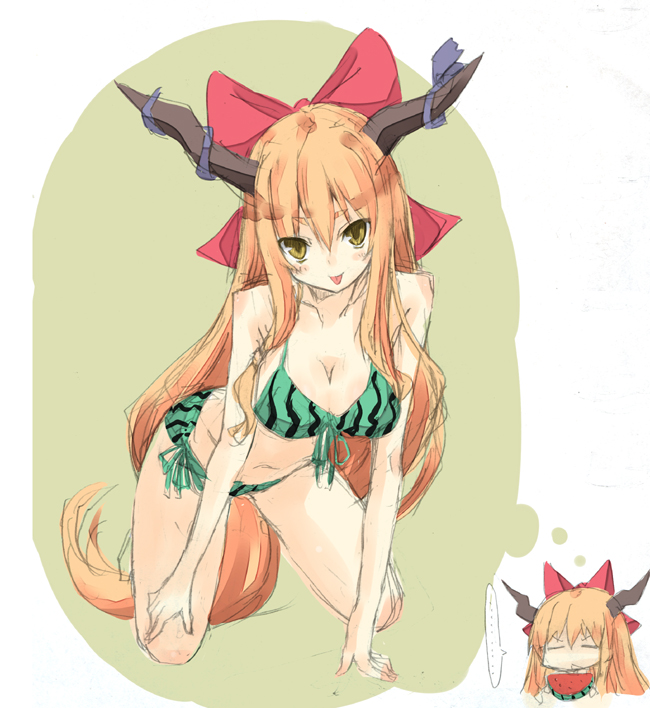 nabeshima tetsuhiro, ibuki suika, touhou, graphite (medium), mixed media, traditional media, …, 1girl, :p, aged up, annoyed, bikini, breast conscious, breasts, cleavage, female focus, food, food-themed clothes, food print, front-tie top, fruit, fruit print, horns, imagining, kneeling, large breasts, long hair, looking at viewer, orange hair, ribbon, side-tie bikini bottom, sketch, solo, speech bubble, striped bikini, striped clothes, swimsuit, thought bubble, tongue, tongue out, watermelon, watermelon print, yellow eyes