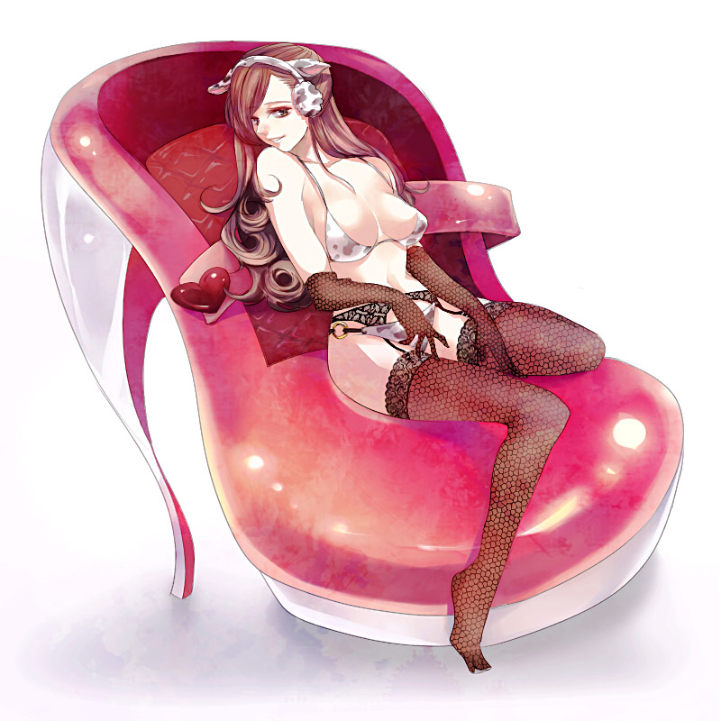 inko (mini), original, lace-trimmed legwear, bad id, bad pixiv id, 1girl, animal ears, animal print, black thighhighs, bra, breasts, brown hair, cow ears, cow print, earmuffs, elbow gloves, female focus, fishnet thighhighs, fishnets, garter belt, garter straps, gloves, lace, lace trim, large breasts, legs, lingerie, long hair, long legs, panties, sitting, smile, solo, thighhighs, thighs, underwear, underwear only