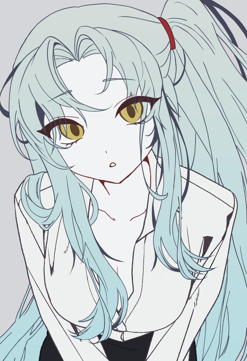 angela (project moon), lobotomy corporation, project moon, highres, 1girl, blue hair, breasts, cleavage, collared shirt, grey background, hair tie, long hair, long sleeves, looking at viewer, one side up, open clothes, open shirt, parted bangs, parted lips, rodionlotte, shirt, sidelocks, simple background, solo, very long hair, white shirt