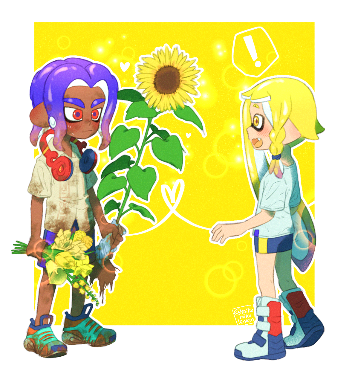 ariamikukanzaki, nintendo, splatoon (series), splatoon 3, commentary, commentary request, english commentary, highres, mixed-language commentary, !, 1boy, 1girl, aqua shoes, blonde hair, blue hair, boots, braid, dark-skinned male, dark skin, dirty, dirty clothes, dirty face, flower, gradient hair, headphones, headphones around neck, heart, heart of string, hirooooo (splatoon), holding, holding flower, inkling, multicolored hair, octoling, red eyes, red hair, shirt, shoes, short shorts, shorts, side braid, spanish commentary, sunflower, t-shirt, tentacle hair, veronika (splatoon), very dark skin, white shirt, yellow eyes