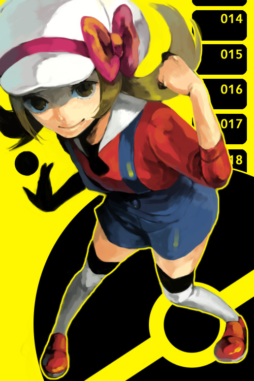 yodokawa (yukko), lyra (pokemon), nintendo, pokemon, pokemon hgss, bad id, bad pixiv id, 00s, 1girl, bow, brown eyes, brown hair, female focus, hat, hat ribbon, overalls, red ribbon, ribbon, smile, solo, thighhighs