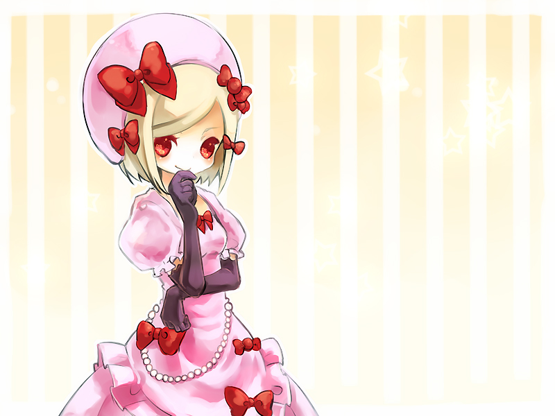 komeko meko (mecolate), lambdadelta, umineko no naku koro ni, bad id, bad pixiv id, 00s, 1girl, blonde hair, dress, elbow gloves, female focus, gloves, hat, pink hat, red eyes, ribbon, solo