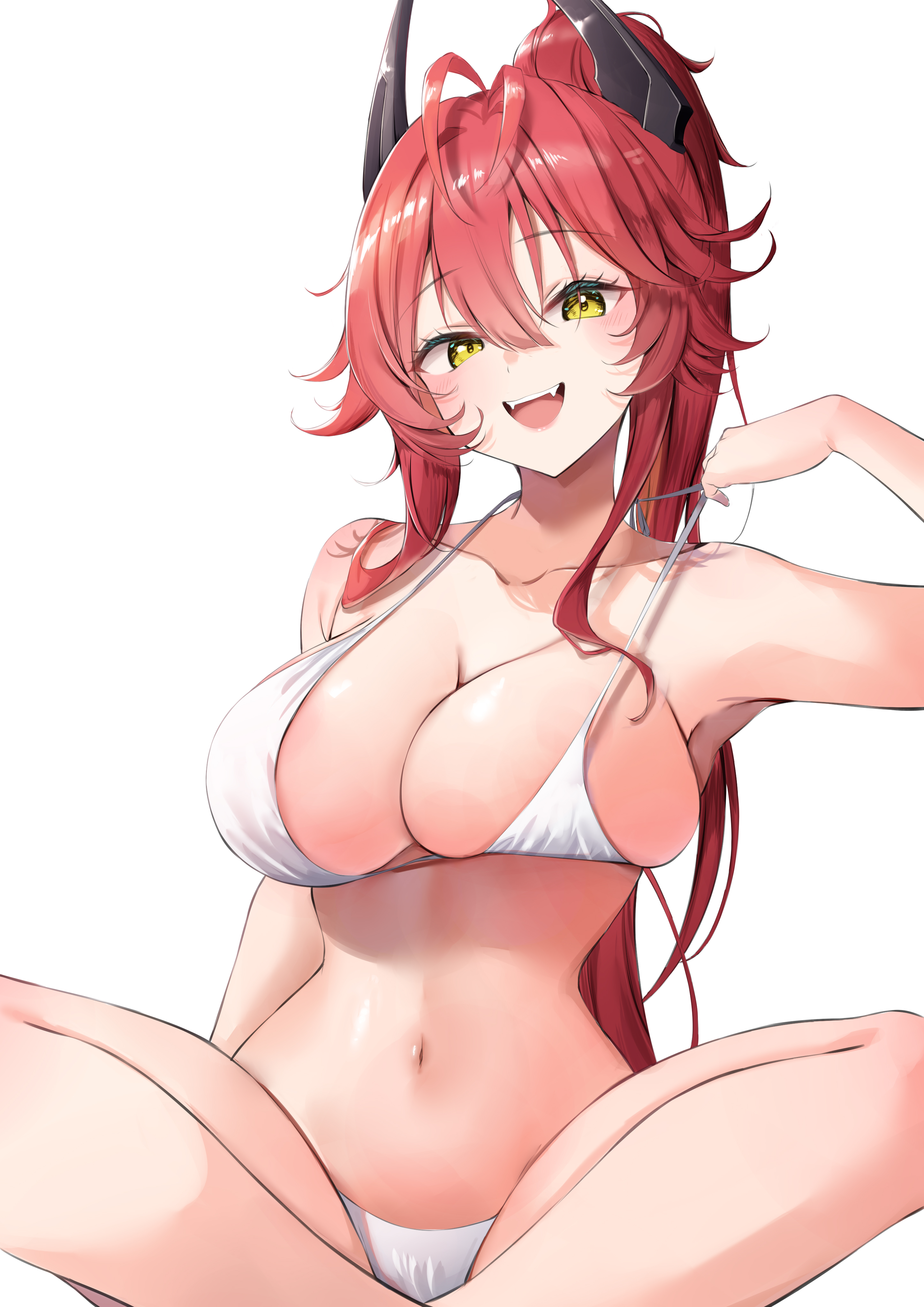 kuwakuma, red hood (nikke), goddess of victory: nikke, absurdres, commentary request, highres, 1girl, :d, alternate costume, antenna hair, arm at side, bare arms, bare legs, bare shoulders, bikini, black horns, blush, breasts, cleavage, collarbone, fangs, feet out of frame, hair between eyes, halterneck, hand up, high ponytail, horns, indian style, large breasts, long hair, looking at viewer, mechanical horns, navel, official alternate hairstyle, open mouth, ponytail, red hair, sidelocks, simple background, sitting, smile, solo, stomach, strap lift, string bikini, swimsuit, teeth, upper teeth only, very long hair, white background, white bikini, yellow eyes