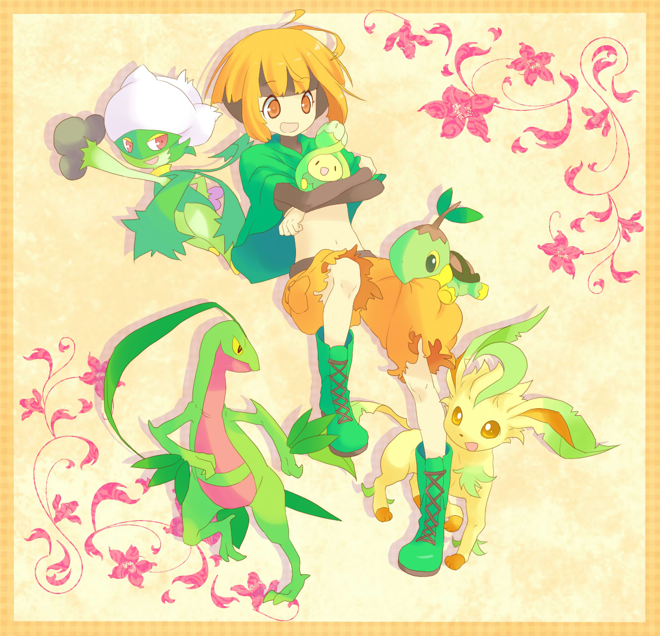 emunise, budew, gardenia (pokemon), grovyle, leafeon, roserade, turtwig, nintendo, pokemon, pokemon dppt, highres, 00s, 1girl, animal hands, boots, brown eyes, brown hair, flower, full body, gen 3 pokemon, gen 4 pokemon, green boots, gym leader, hug, lace-up boots, midriff, navel, pokemon (creature), poncho, shorts, smile, tail