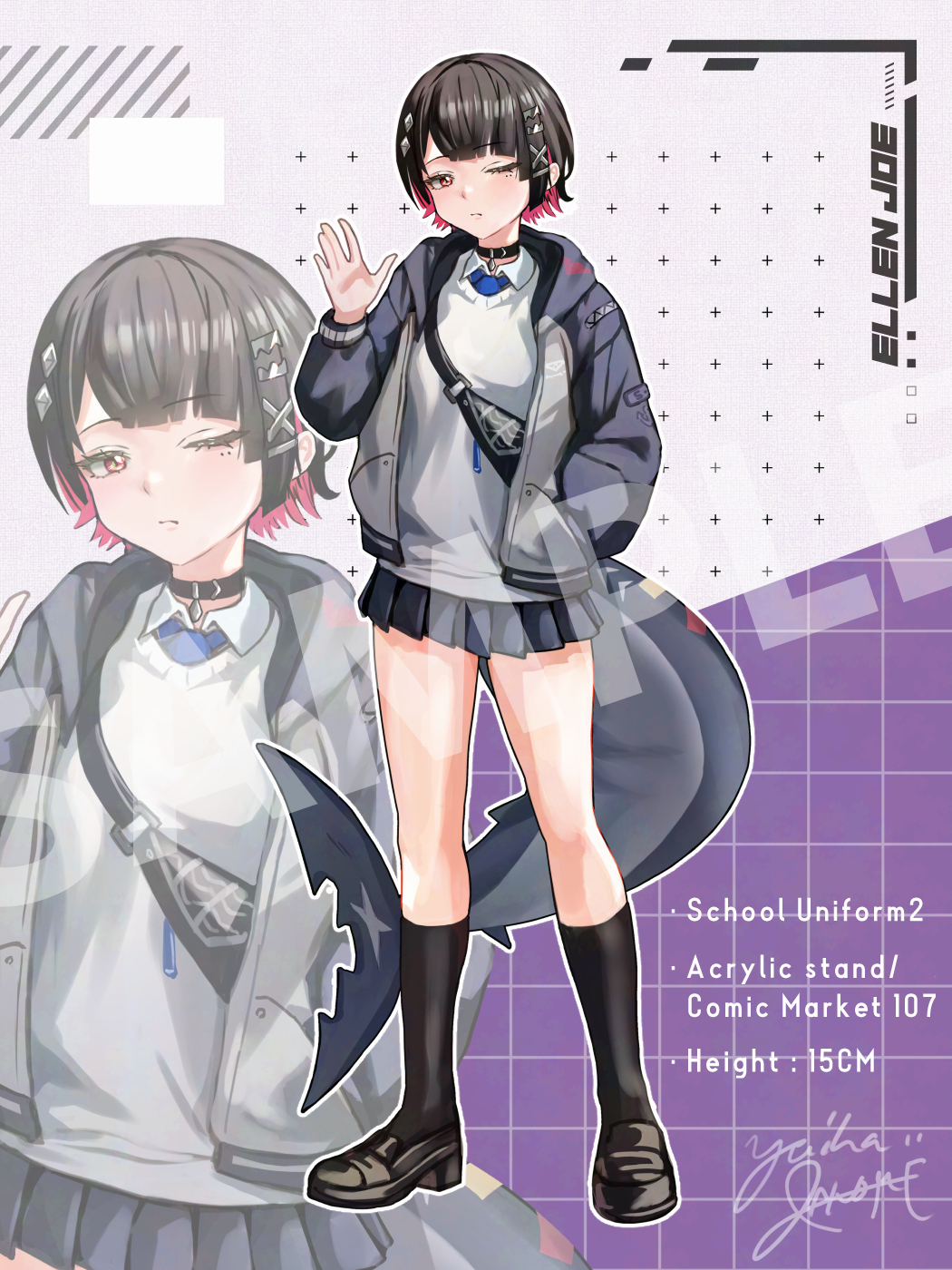 janome yuiwa, ellen joe, zenless zone zero, highres, 1girl, alternate costume, bag, black choker, black hair, black shoes, black socks, blue jacket, blue skirt, character name, choker, closed mouth, colored inner hair, english text, fins, fish tail, grey background, hand in pocket, hand up, jacket, looking at viewer, mole, mole under eye, multicolored hair, one eye closed, open clothes, purple background, razor blade hair ornament, red eyes, sample watermark, scar, scar on tail, school uniform, shark girl, shark tail, shoes, short hair, signature, skirt, socks, sweater, tail, two-tone background, watermark, waving, white sweater, zoom layer