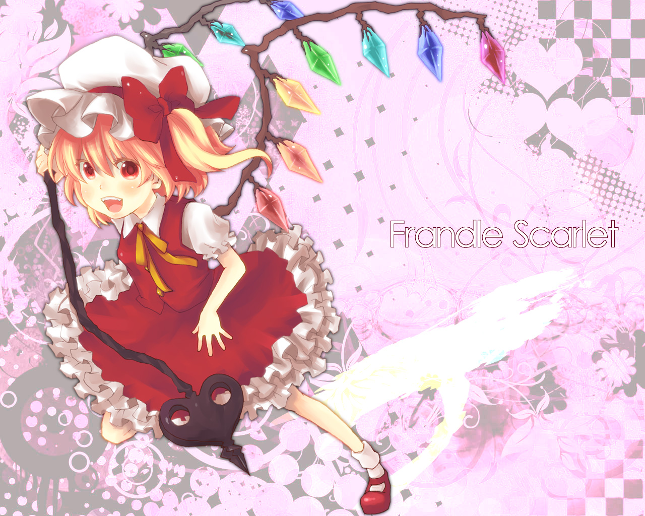 sukemyon, flandre scarlet, embodiment of scarlet devil, touhou, bad id, bad pixiv id, 1girl, ascot, blonde hair, character name, female focus, hat, mob cap, ponytail, red eyes, short hair, side ponytail, solo, wings, yellow ascot