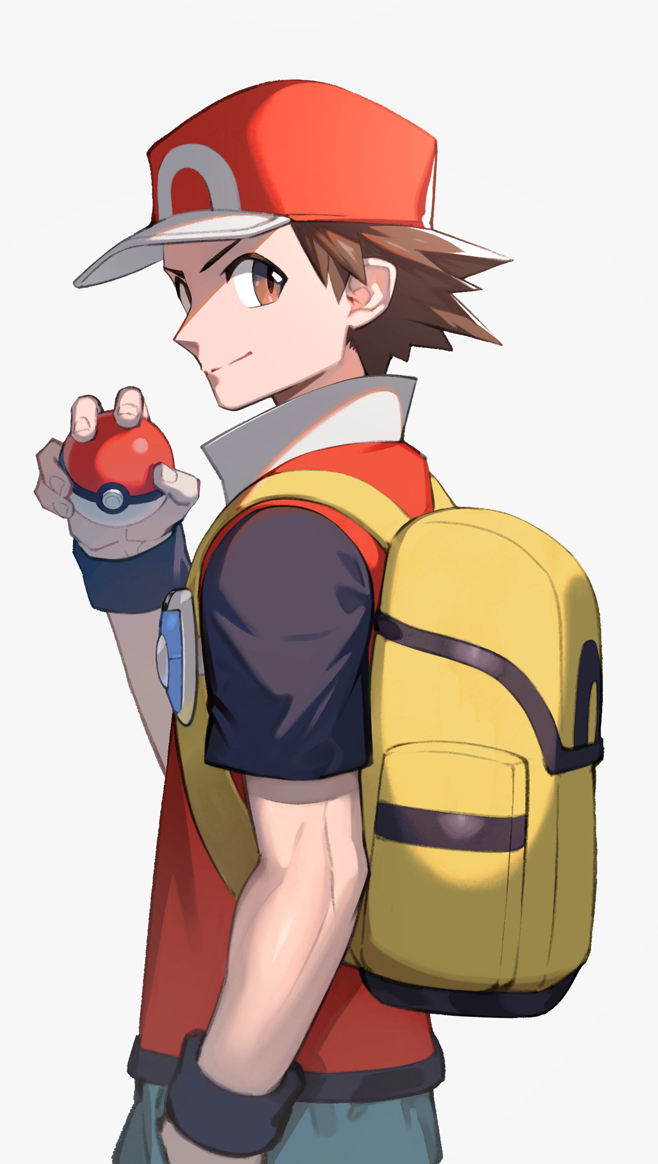 teo (telo ruka), red (pokemon), nintendo, pokemon, pokemon frlg, commentary request, highres, 1boy, baseball cap, blue pants, brown eyes, brown hair, closed mouth, hand in pocket, hat, holding, holding poke ball, jacket, looking at viewer, looking back, male focus, pants, poke ball, poke ball (basic), red hat, shirt, short hair, short sleeves, simple background, smile, upper body, white background, wristband, yellow bag