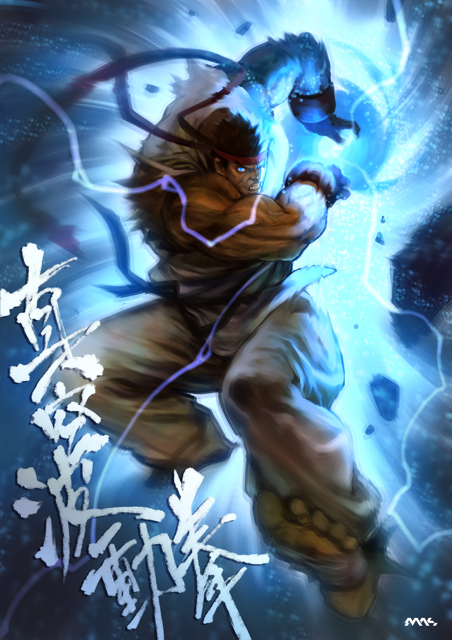 mhk (mechamania), ryu (street fighter), capcom, street fighter, highres, 1boy, brown hair, energy ball, hachimaki, hadouken, headband, male focus, muscular, short hair, solo