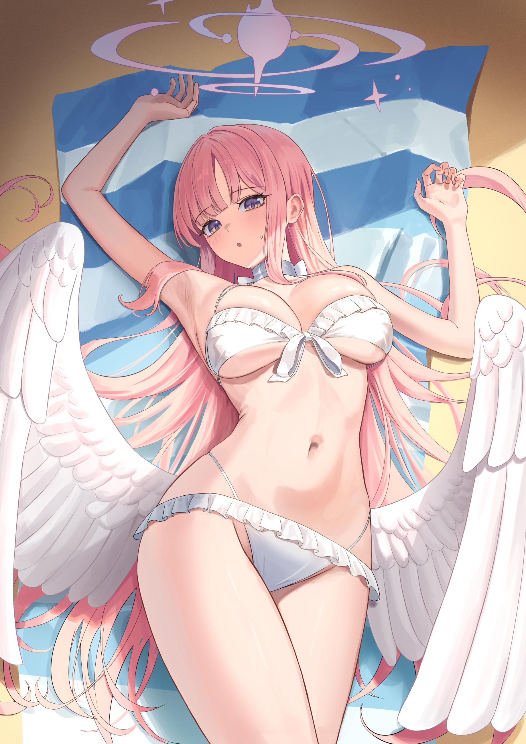 doggo34476335, mika (blue archive), mika (swimsuit) (blue archive), blue archive, absurdres, commentary request, highres, 1girl, angel wings, arm up, armpits, beach, beach towel, bikini, blush, breasts, choker, cleavage, closed mouth, collarbone, feathered wings, halo, large breasts, long hair, looking at viewer, low wings, lying, official alternate costume, official alternate hairstyle, pink hair, pink halo, purple eyes, smile, solo, swimsuit, towel, very long hair, white bikini, white choker, white wings, wing ornament, wings