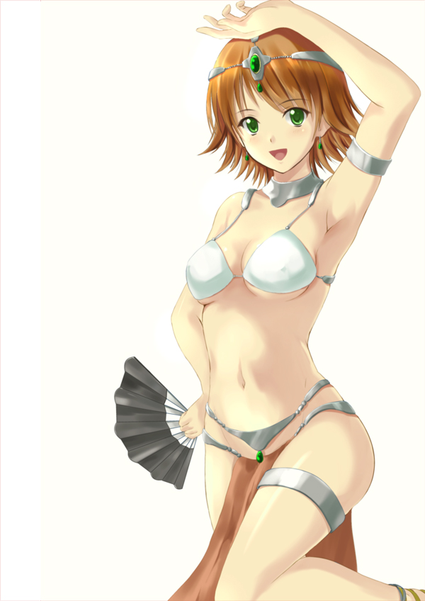 koni, awakened miki, hoshii miki, manya (dq4), chunsoft, dragon quest, dragon quest iv, enix, idolmaster, idolmaster (classic), 1girl, armpits, bikini, brown hair, circlet, cosplay, dancer's costume (dq), earrings, female focus, green eyes, hand fan, jewelry, loincloth, manya (cosplay), navel, pelvic curtain, short hair, simple background, solo, swimsuit, white bikini