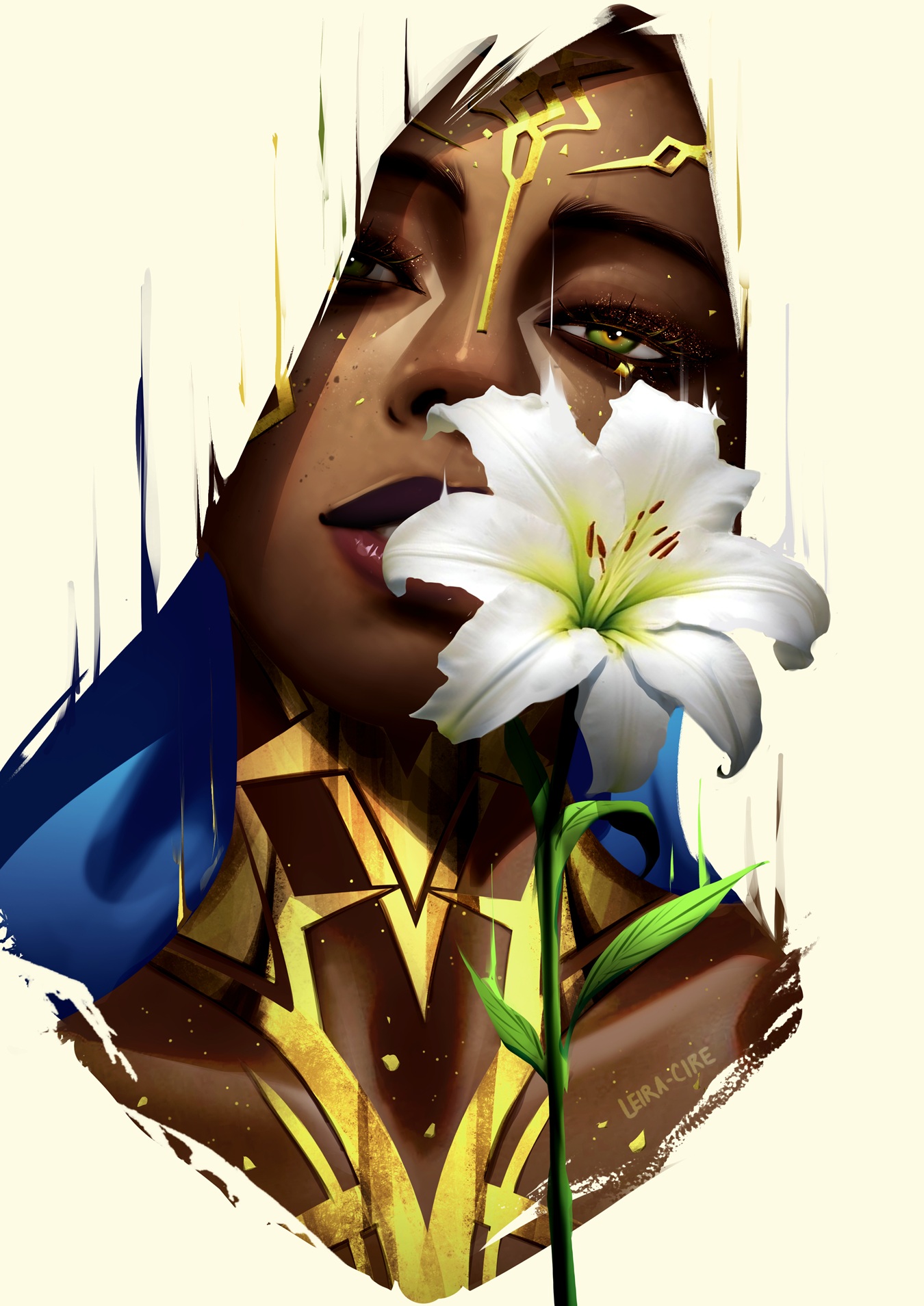 leira cire, mel (league of legends), arcane: league of legends, league of legends, commentary, english commentary, flower request, highres, 1girl, artist name, blonde hair, dark-skinned female, dark skin, flower, gold tattoo, green eyes, long hair, looking at viewer, parted lips, portrait, solo, white flower