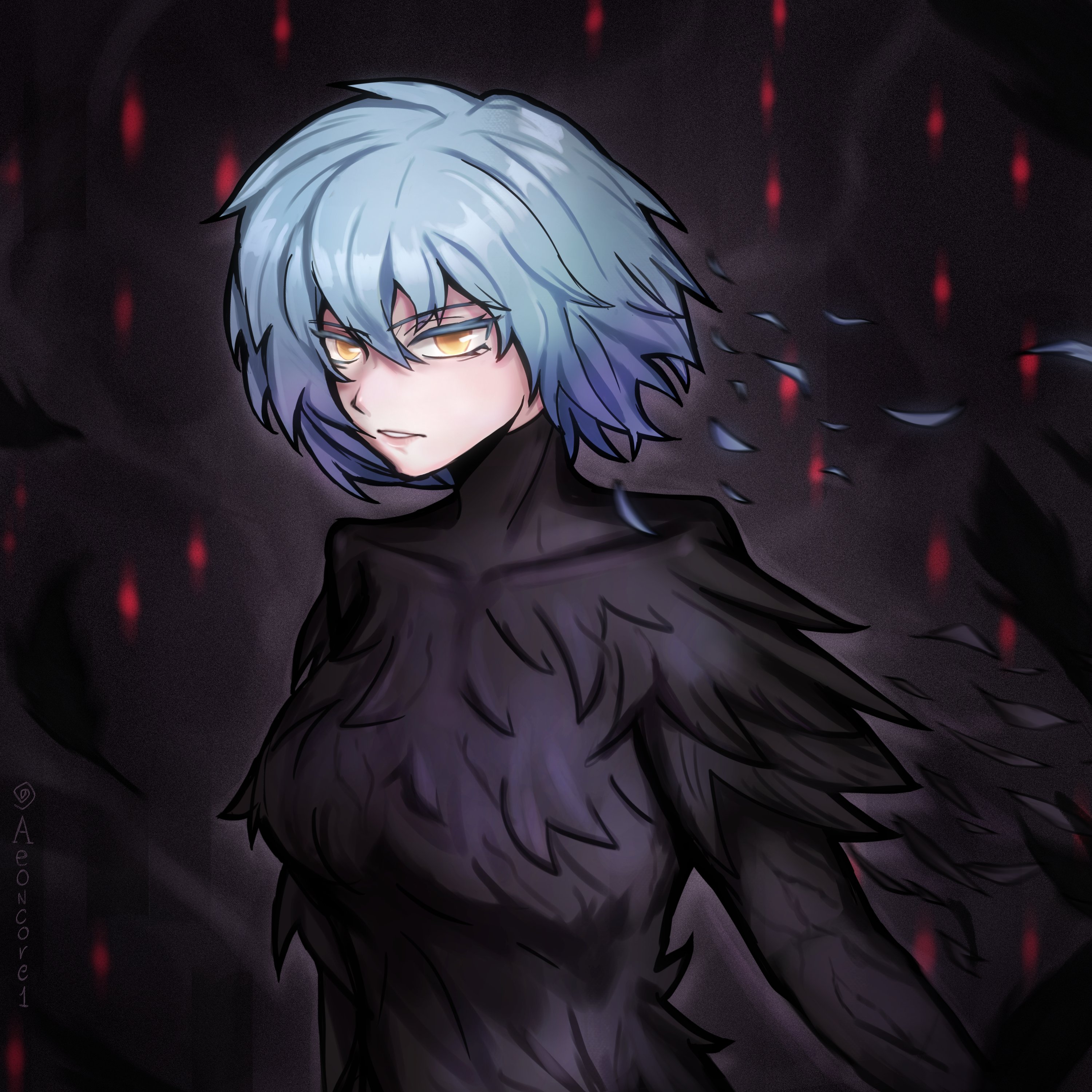 angela (project moon), library of ruina, project moon, absurdres, hashtag-only commentary, highres, 1girl, aeoncore1, black dress, black feathers, blue hair, covered collarbone, dress, feather dress, feathers, looking at viewer, parted lips, short hair, solo, upper body, yellow eyes