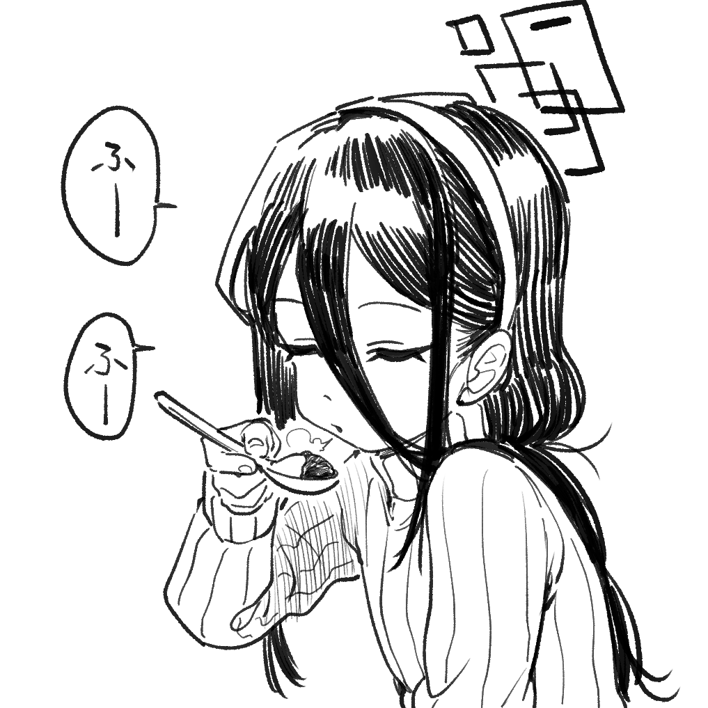 asahina yoshitoshi, kei (blue archive), blue archive, 1girl, blowing on food, closed eyes, greyscale, hair between eyes, halo, holding, holding spoon, long hair, long sleeves, monochrome, rectangular halo, solo, speech bubble, spoon, sweater, upper body