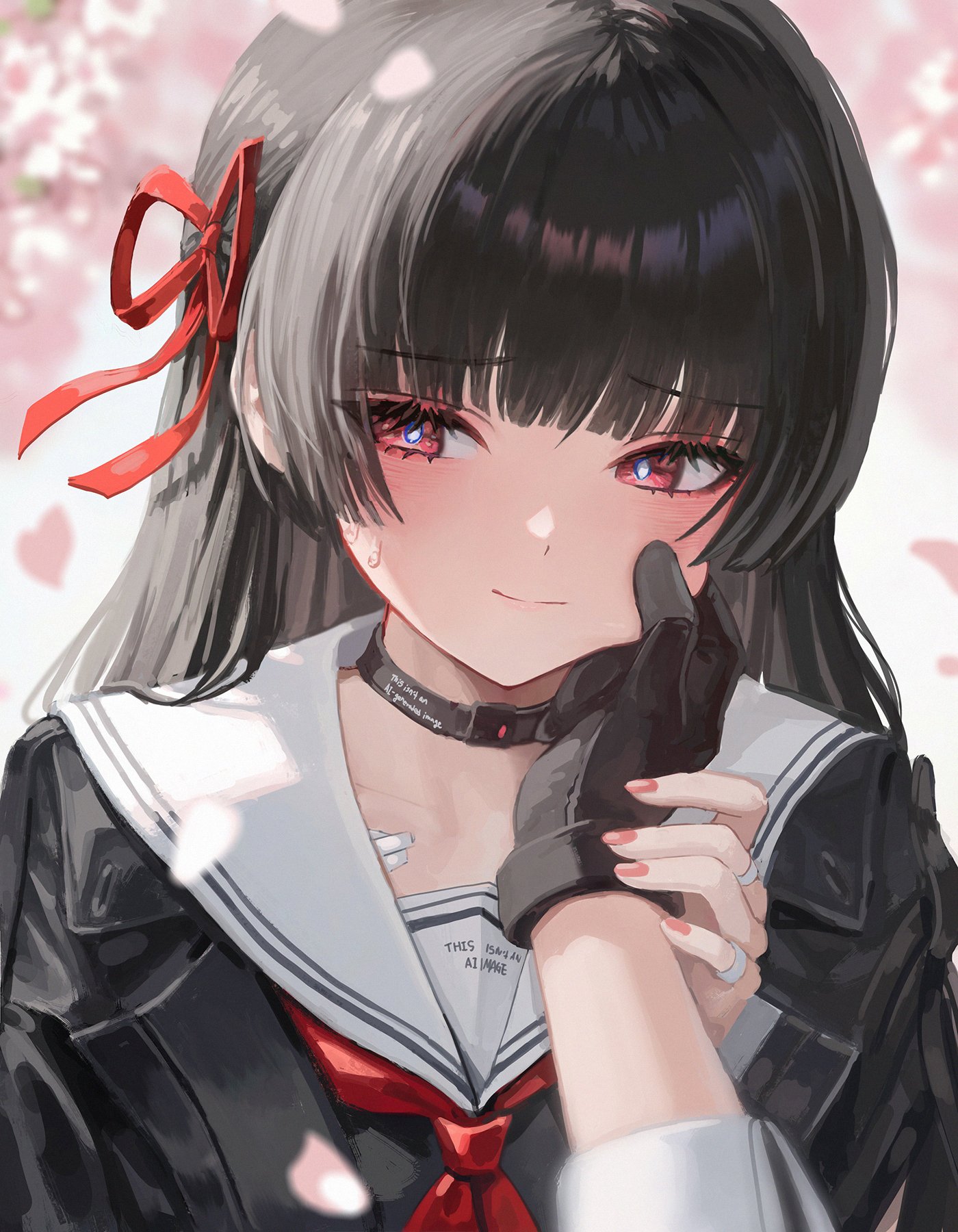 ddcc0123, chisa (wuthering waves), male rover (wuthering waves), rover (wuthering waves), wuthering waves, commentary request, highres, 1boy, 1girl, black choker, black gloves, black hair, black shirt, blurry, blurry background, cheek pinching, cherry blossoms, choker, closed mouth, fingernails, gloves, hair ribbon, long hair, msby black jackals jacket, nail polish, neckerchief, pinching, portrait, pov, pov hands, red nails, red neckerchief, red ribbon, ribbon, sailor collar, shirt, smile, solo focus, sweatdrop, white sailor collar