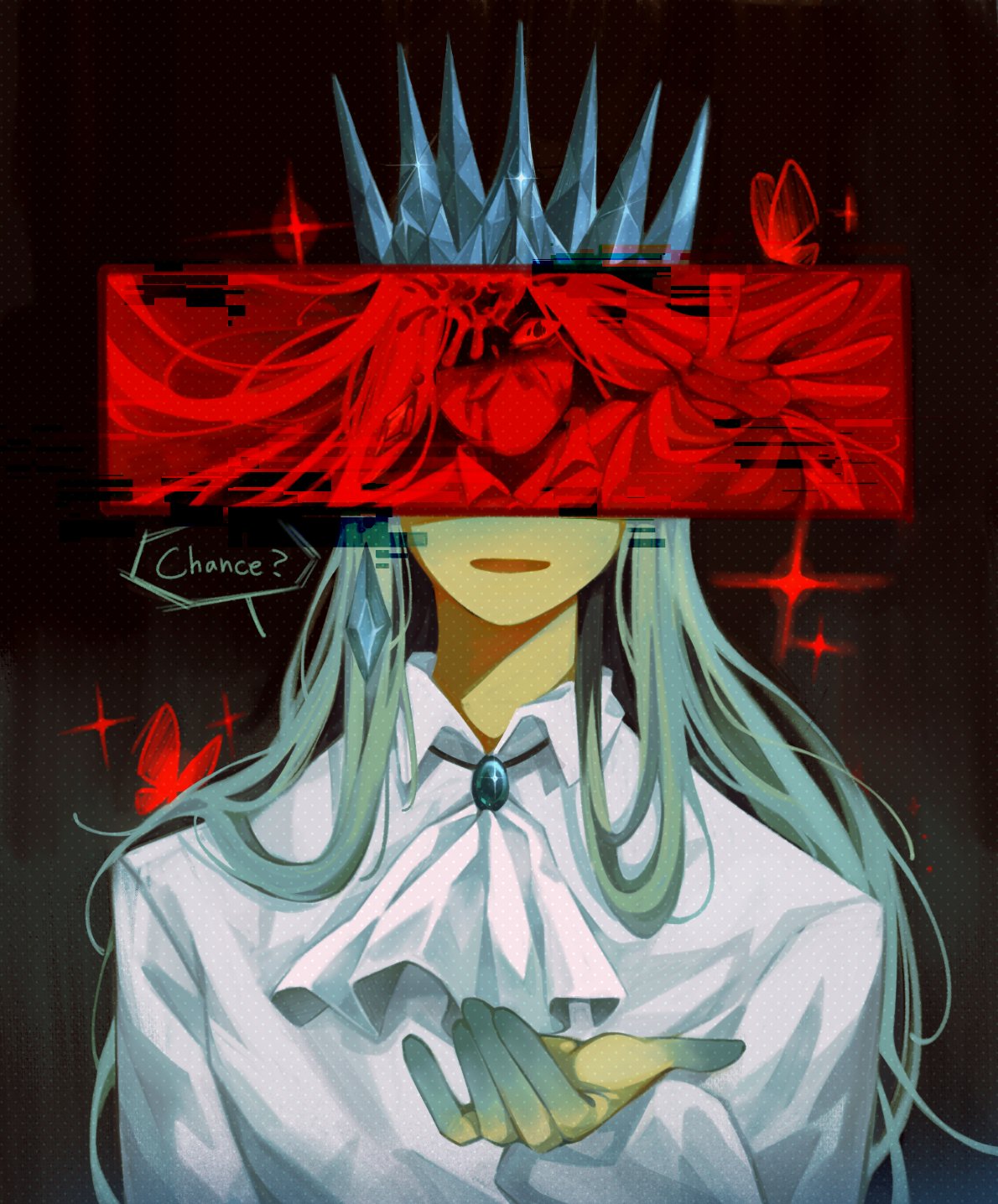 forsaken (roblox), roblox, commentary, english commentary, highres, 1boy, ascot, blonde hair, blood, blue crown, blue hair, blue skin, censored, censored identity, collared shirt, colored skin, crown, gradient hair, hand up, ice, itrapped (roblox), long hair, long sleeves, male focus, mili milien, multicolored hair, puffy long sleeves, puffy sleeves, shirt, solo, sparkle, very long hair, white ascot, white shirt, yellow skin