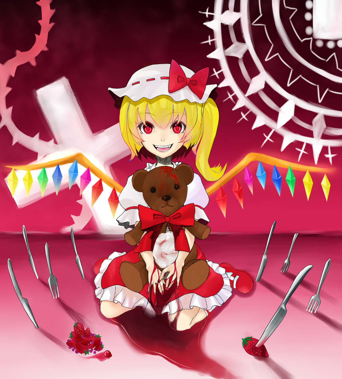harunoibuki, flandre scarlet, touhou, bad id, bad pixiv id, highres, 1girl, blonde hair, cross, female focus, food, fork, fruit, hat, knife, mary janes, one side up, ponytail, red eyes, shoes, short hair, side ponytail, sitting, solo, strawberry, stuffed animal, stuffed toy, teddy bear, wings